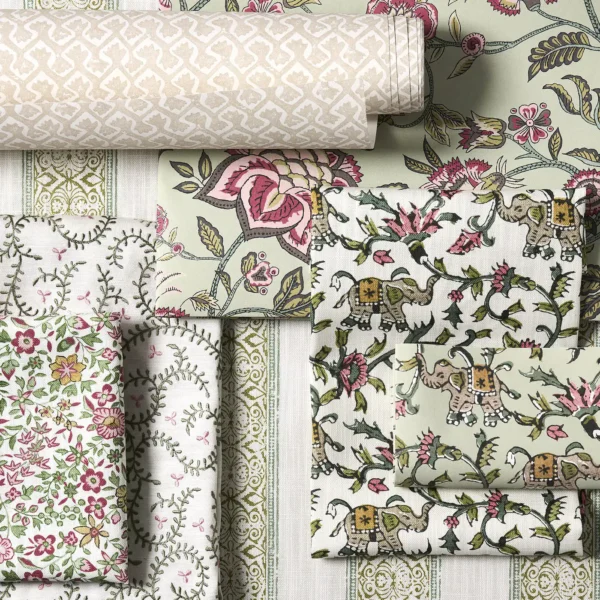 Buta Embroidery Fabric - Sage / Blush by green botanical fabrics with wallpaper