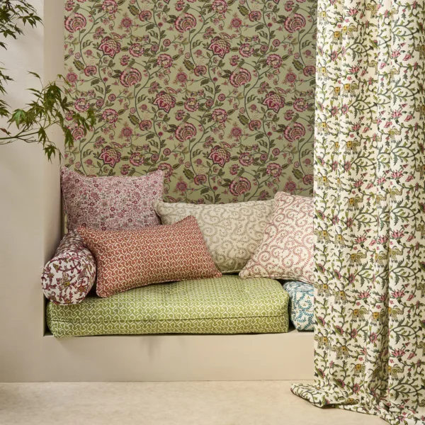 Buta Embroidery Fabric - Natural by neutral botanical cushion with sofa and curtain