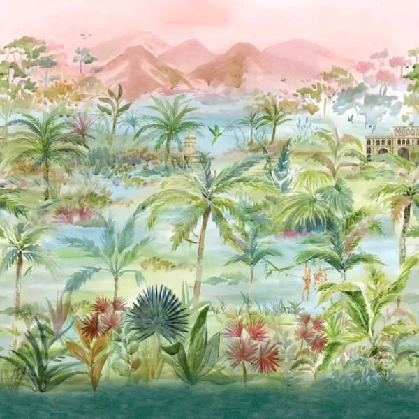 Kerala Mural Wallpaper - Teal by multicolour botanical wallpaper from clarke & clarke