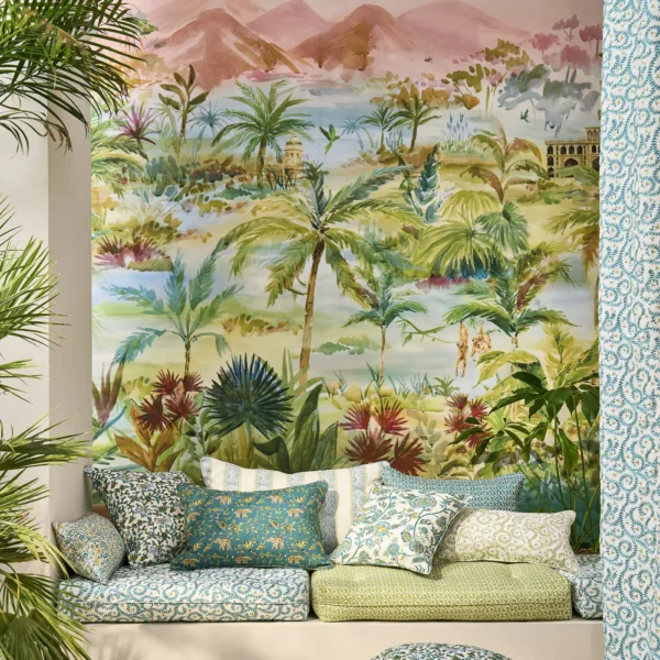 Kerala Mural Wallpaper - Teal by multicolour botanical wallpaper and wall with wallpaper and cushion
