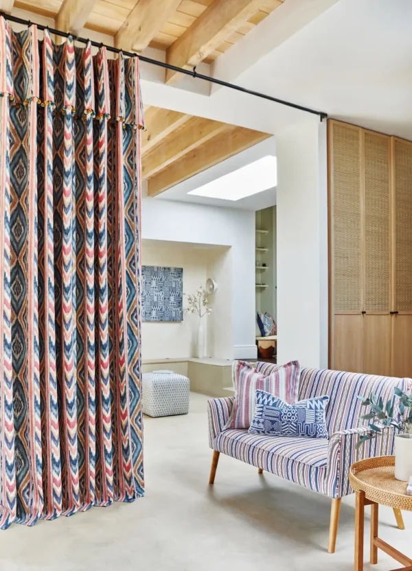 Sekani Fabric - Cactus by orange geometric curtain with sofa and cushion