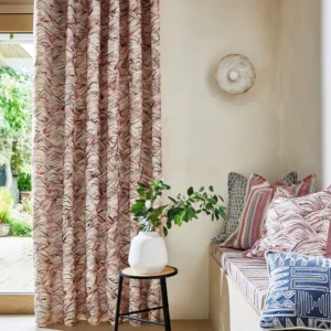 purple misc curtain with cushion and vases