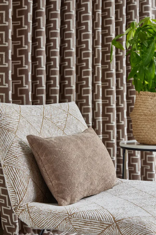Grayson Fabric - Butterscotch by black-grey geometric curtain with armchair and cushion