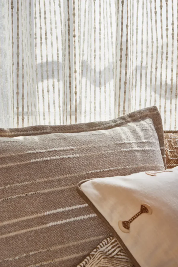 Bowe Fabric - Mist by white striped curtain with sofa and armchair