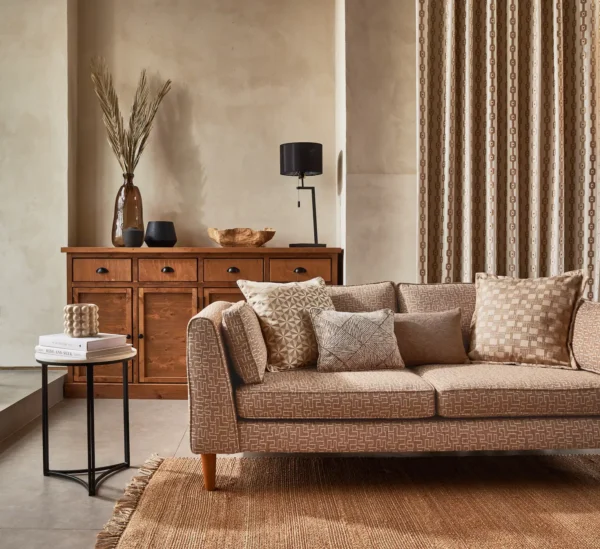 Bowe Fabric - Mist by neutral misc sofa with cushion and vases