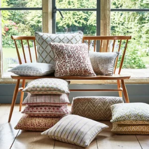 blue botanical cushion with cushion and window