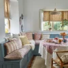 brown striped cushion with dining table and wooden bench