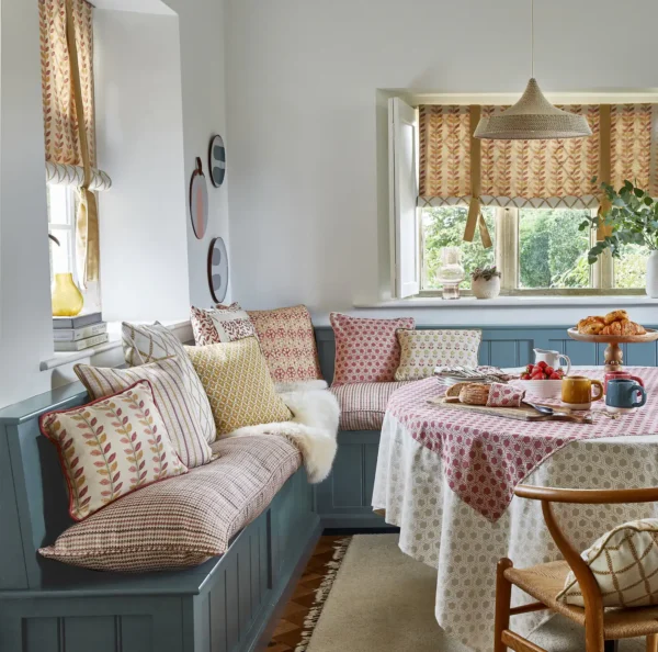 Lili Fabric - Bear by brown striped cushion with dining table and wooden bench