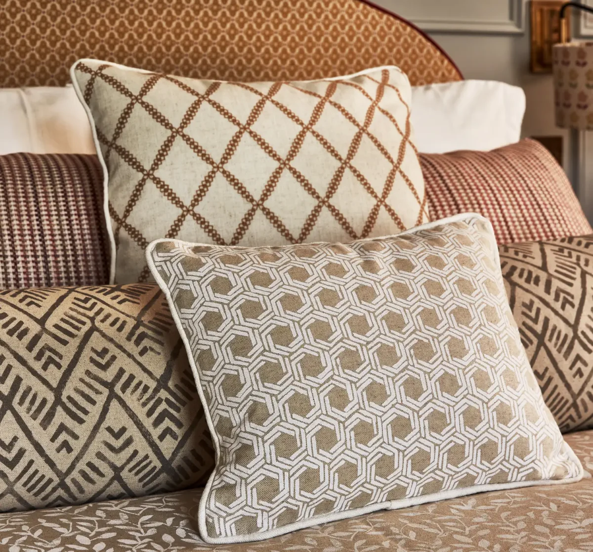 Cecil Fabric - Bear by green geometric cushion with armchair and curtain