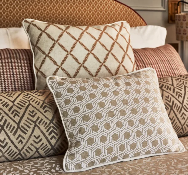 Dory Fabric - Linen by green geometric cushion with armchair and curtain
