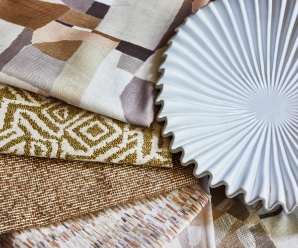 Monroe Fabric - Ochre by yellow geometric armchair with vases and door