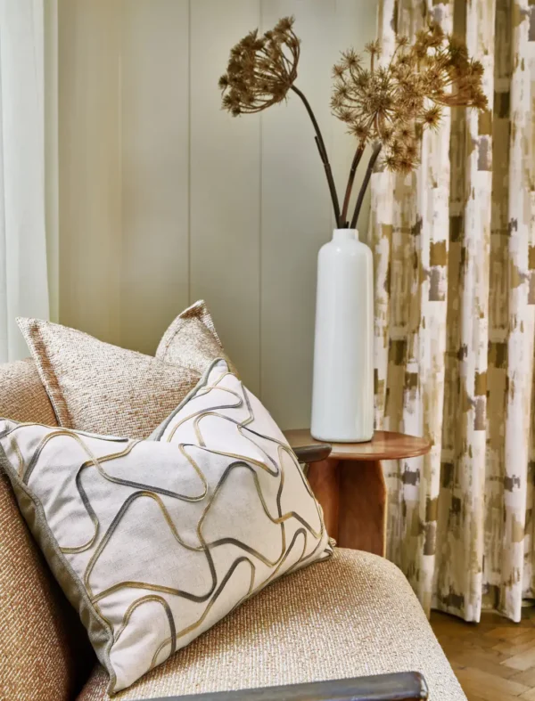 Lauder Fabric - Putty by yellow misc cushion with curtain and vases
