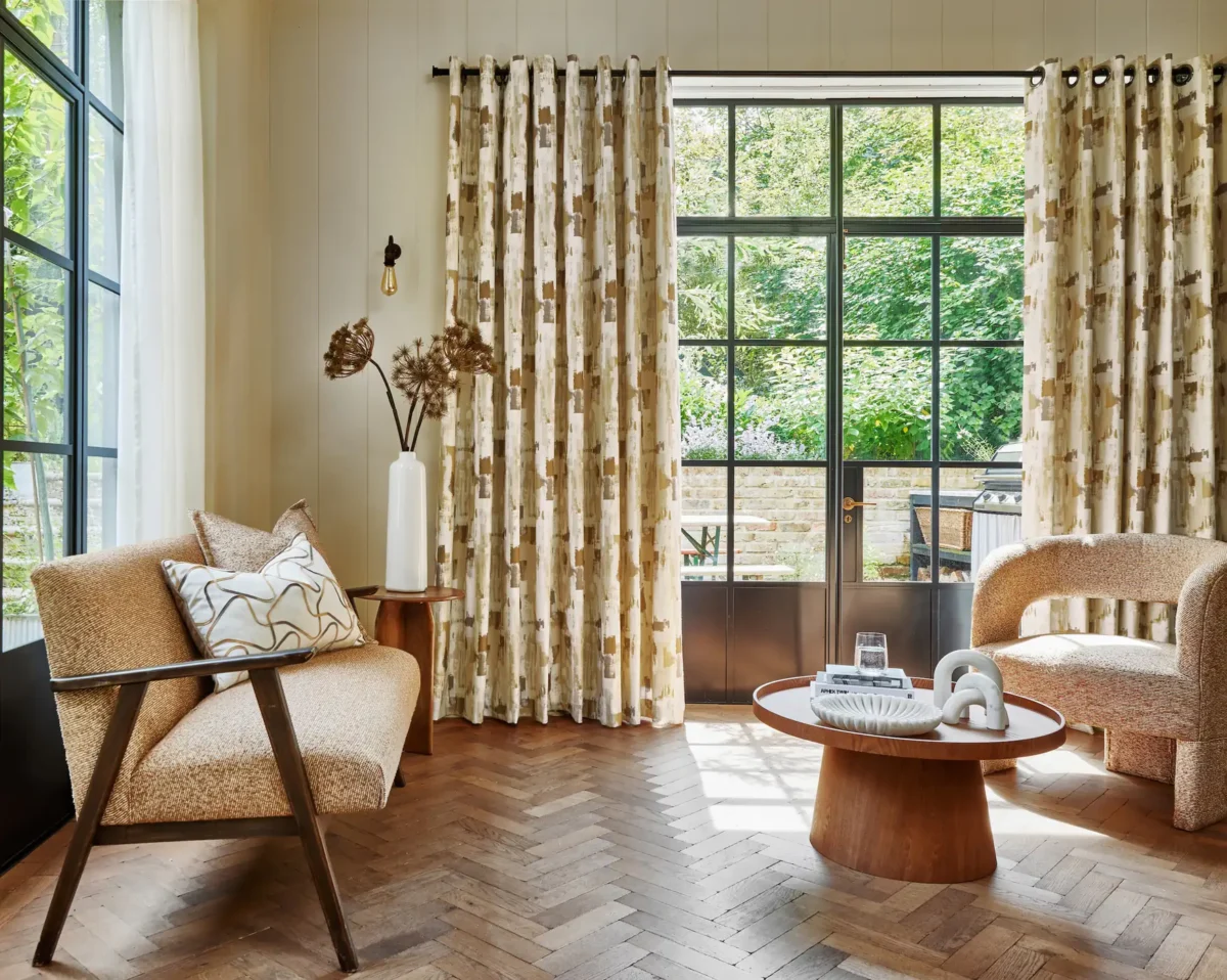 yellow contemporary curtain with armchair and window