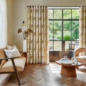 yellow contemporary curtain with armchair and window