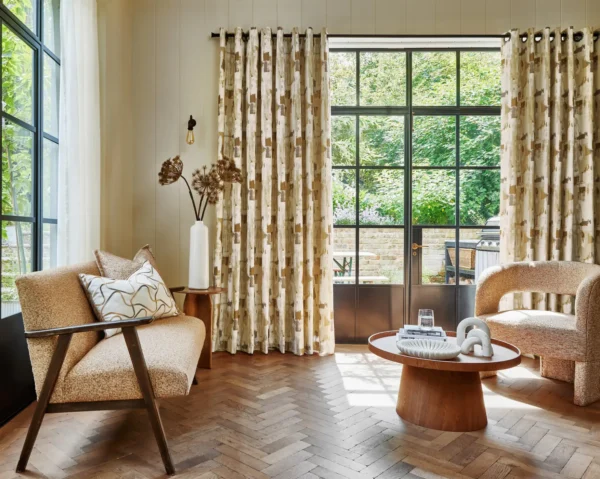 Monroe Fabric - Ochre by yellow contemporary curtain with armchair and window
