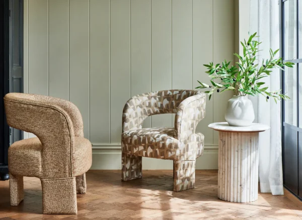 Jennings Fabric - Putty by brown contemporary armchair with plants and vases