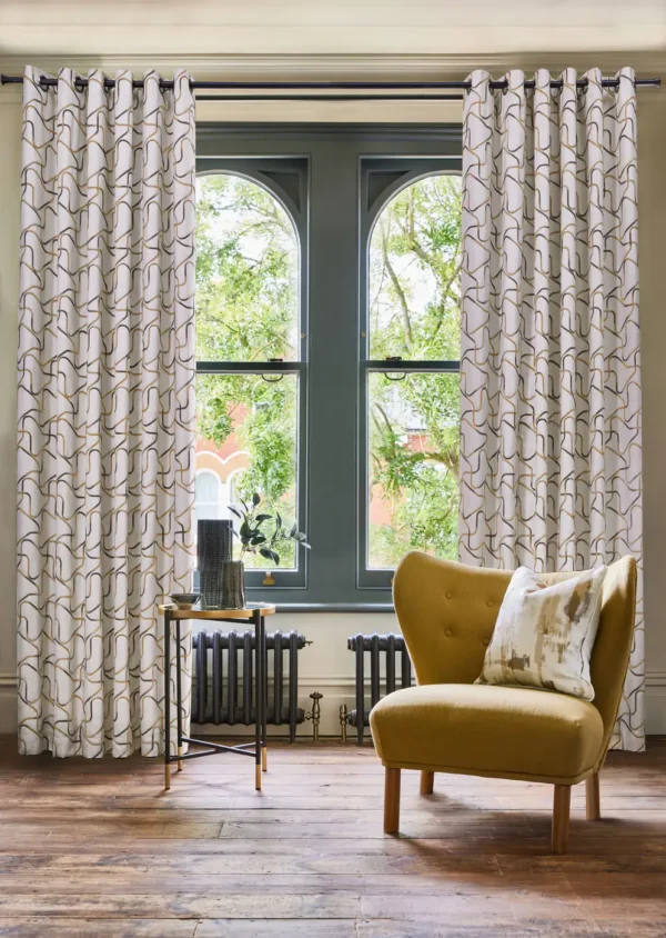 Lauder Fabric - Putty by yellow misc curtain with armchair and window