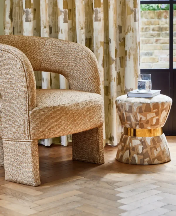 Bamford Fabric - Graphite by yellow contemporary curtain with armchair and vases
