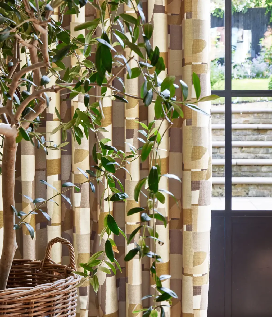 Eastwood Fabric - Putty by yellow contemporary curtain with plants and vases