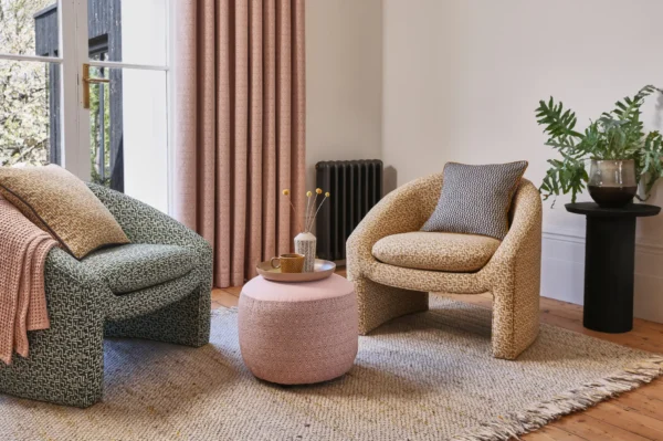 Brixton Fabric - Ivy by neutral geometric armchair with curtain and vases