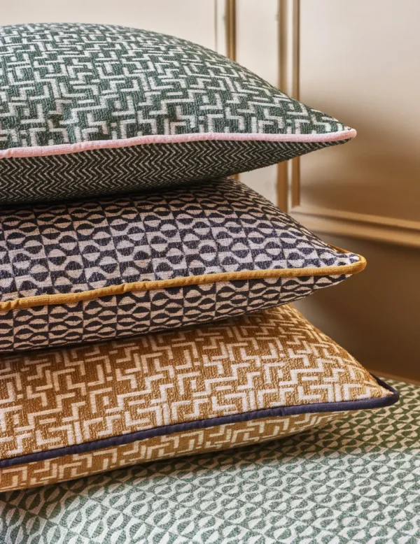 Finsbury Fabric - Jet by neutral geometric cushion with cushion and wall