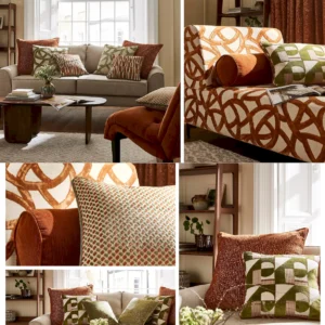 blue geometric cushion with curtain and sofa