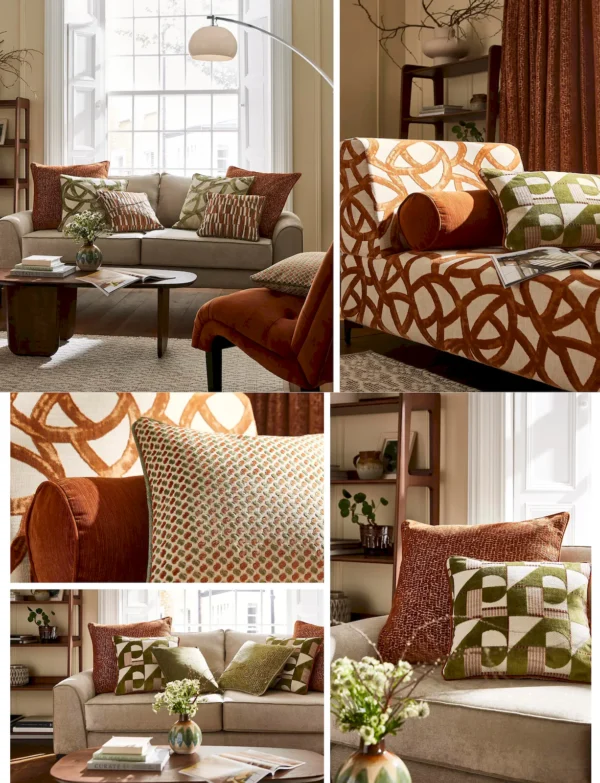 Mandal Fabric - Claret by blue geometric cushion with curtain and sofa