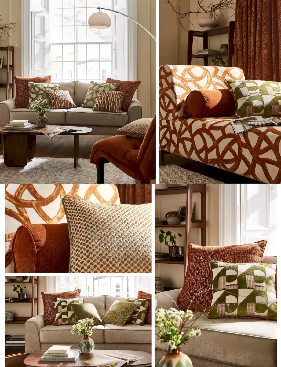 Orbit Fabric - Sienna by blue geometric cushion with curtain and sofa