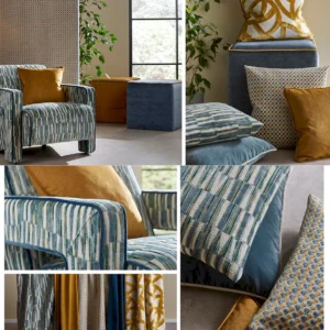 yellow spotted armchair with cushion and curtain