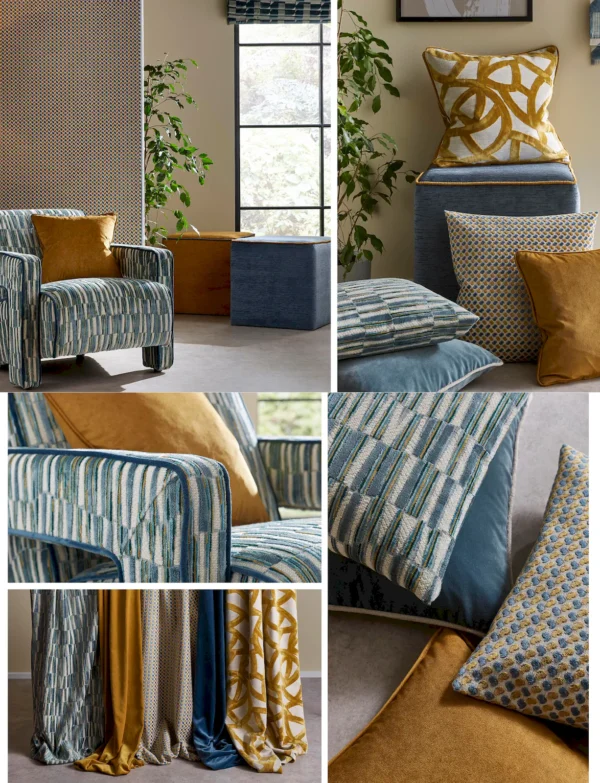 Kaleido Fabric - Dove Grey by yellow spotted armchair with cushion and curtain