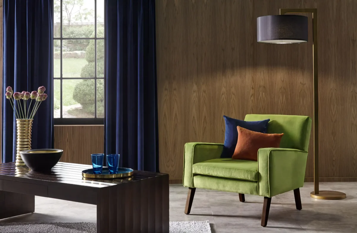 Hampton Fabric - Canvas by brown plain curtain with armchair and curtain