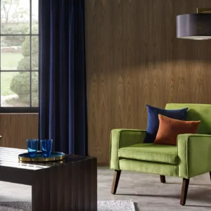 brown plain curtain with armchair and curtain