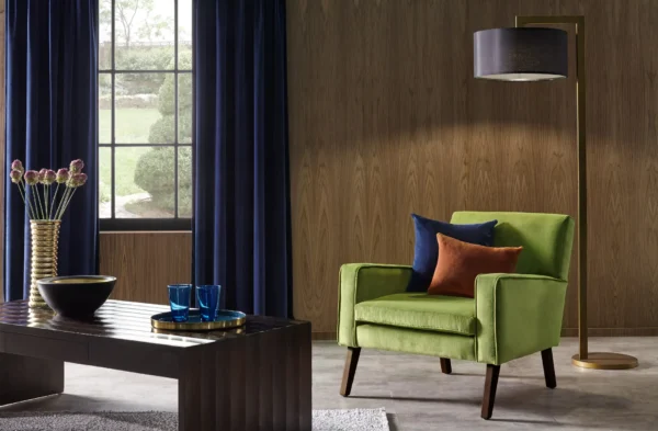 Hampton Fabric - Papaya by brown plain curtain with armchair and curtain