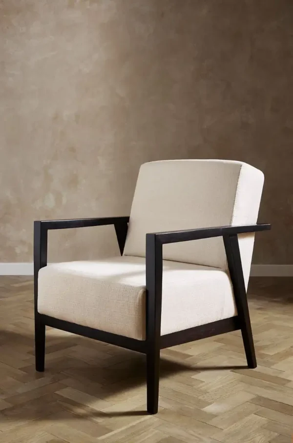 Cairo Fabric - Herb by blue plain armchair with wall