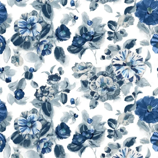 Camellia Fabric - Indigo by blue botanical printed fabric from Designers Guild