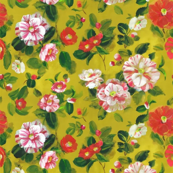 Camellia Velours Fabric - Mimosa by pink botanical printed fabric from Designers Guild