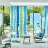 blue striped curtain with chair and window