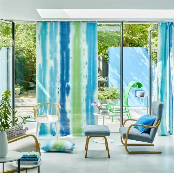 Brera Arte Fabric - Cobalt by blue striped curtain with chair and window