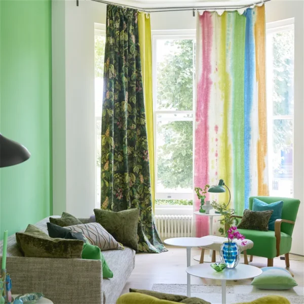 Brera Arte Fabric - Fuchsia by multicolour striped curtain with sofa and armchair