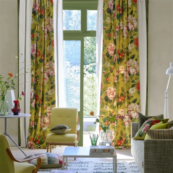 Camellia Velours Fabric - Mimosa by pink botanical curtain with armchair and window