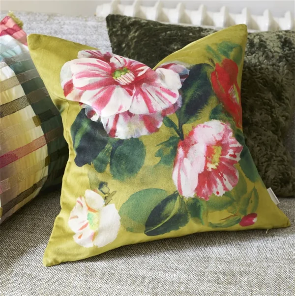 Camellia Velours Fabric - Mimosa by pink botanical cushion with cushion