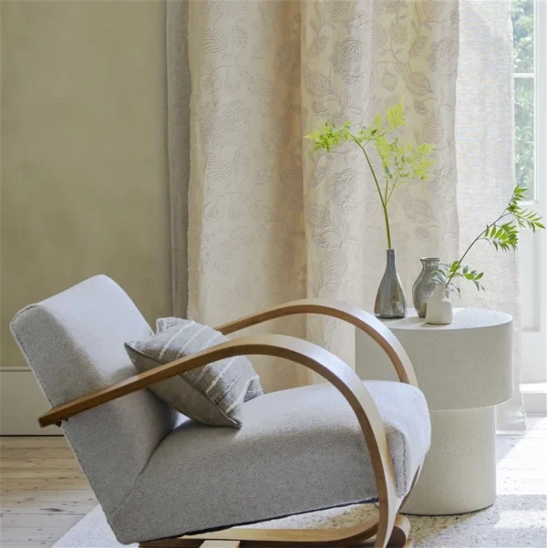 Daphne Fabric - Chalk by white misc curtain with armchair and vases