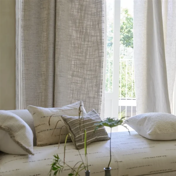 Gwen Fabric - Linen by neutral misc sofa with curtain and vases