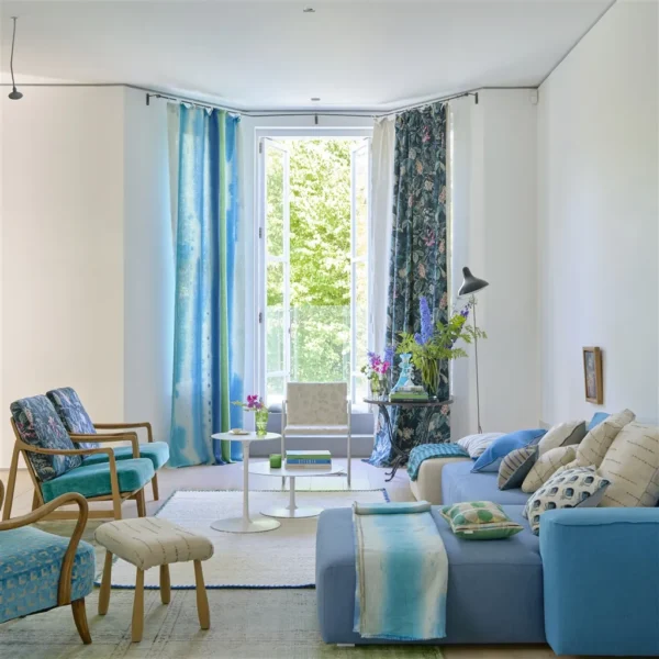Pasqueflower Fabric - Indigo by blue botanical curtain with sofa and armchair