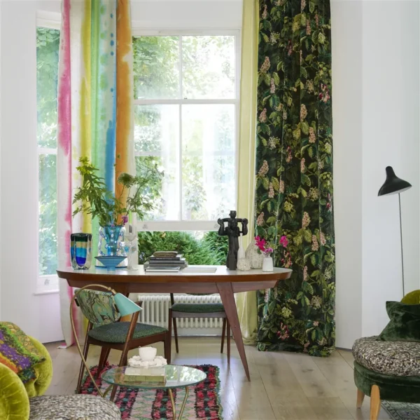 Pasqueflower Fabric - Olive by green botanical curtain with dining table and armchair