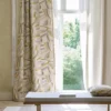 yellow contemporary curtain with wooden bench and cushion