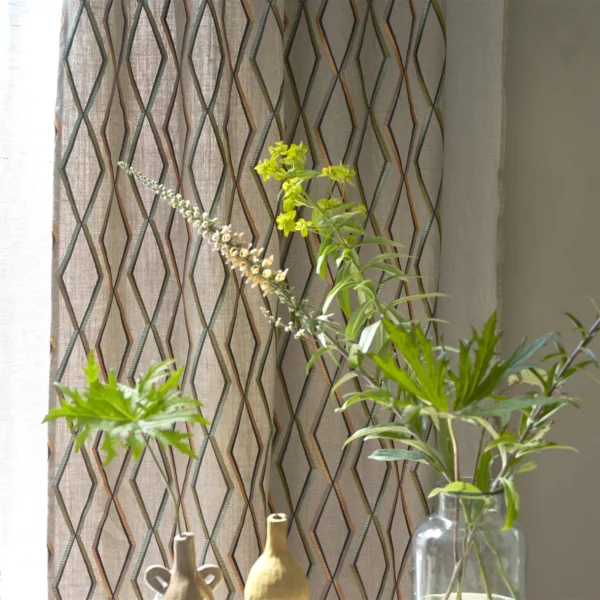 yellow geometric curtain with vases