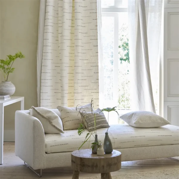 Trewyn Fabric - Chalk by pink misc curtain with sofa and coffee table