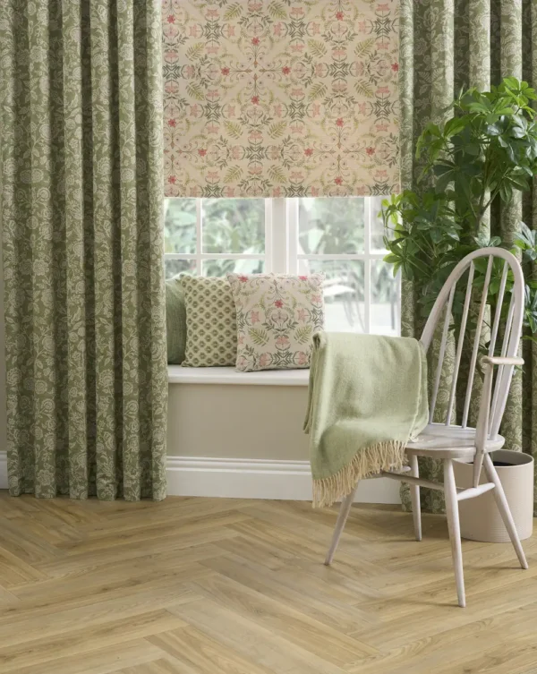 Allegra Fabric - Apple by green botanical curtain with cushion and chair