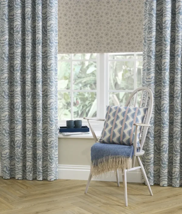 Cadence Fabric - Denim by blue striped cushion with chair and fabric
